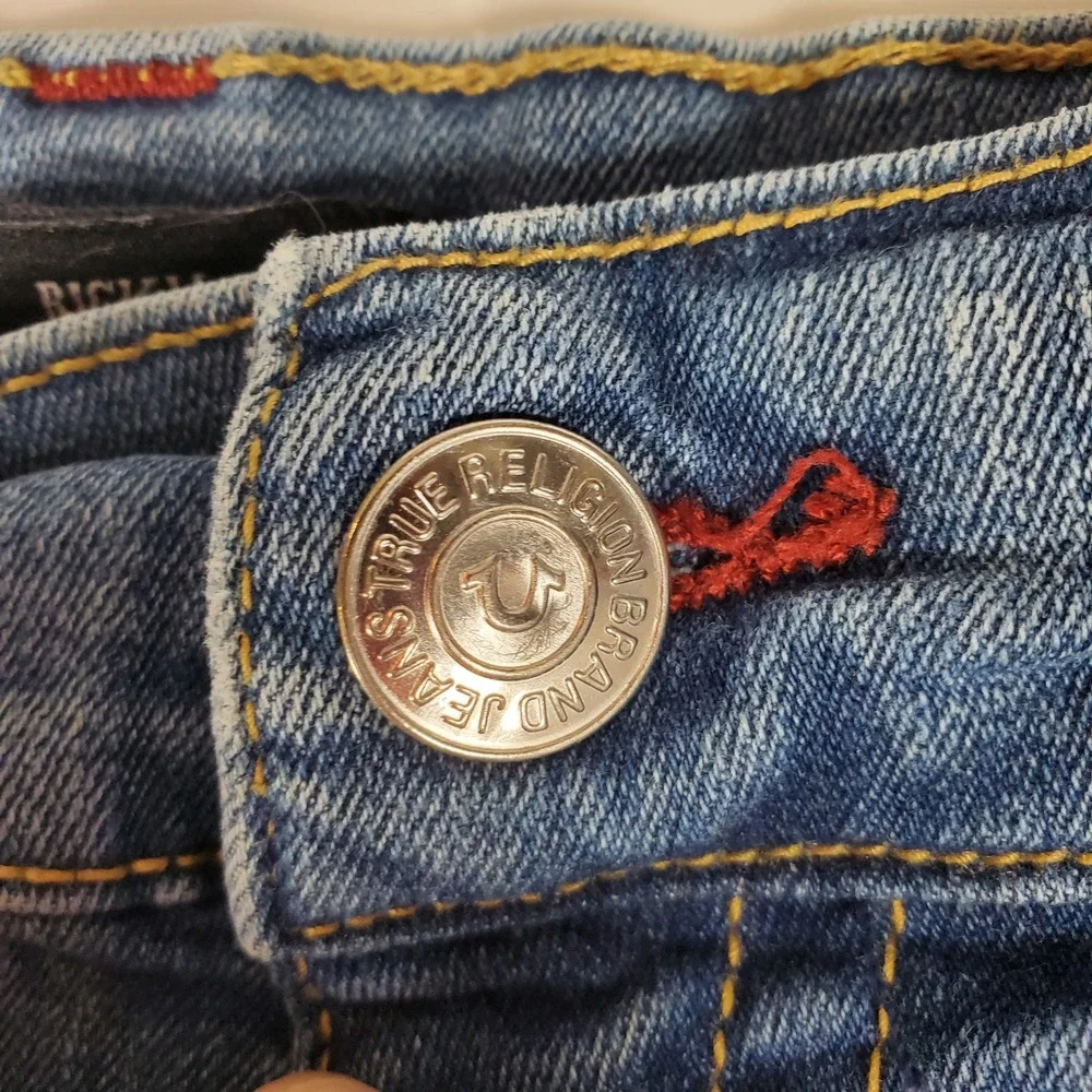 True Religion Ricky Relaxed Straight Jeans Mens 42 Blue Medium Wash Red Stitch